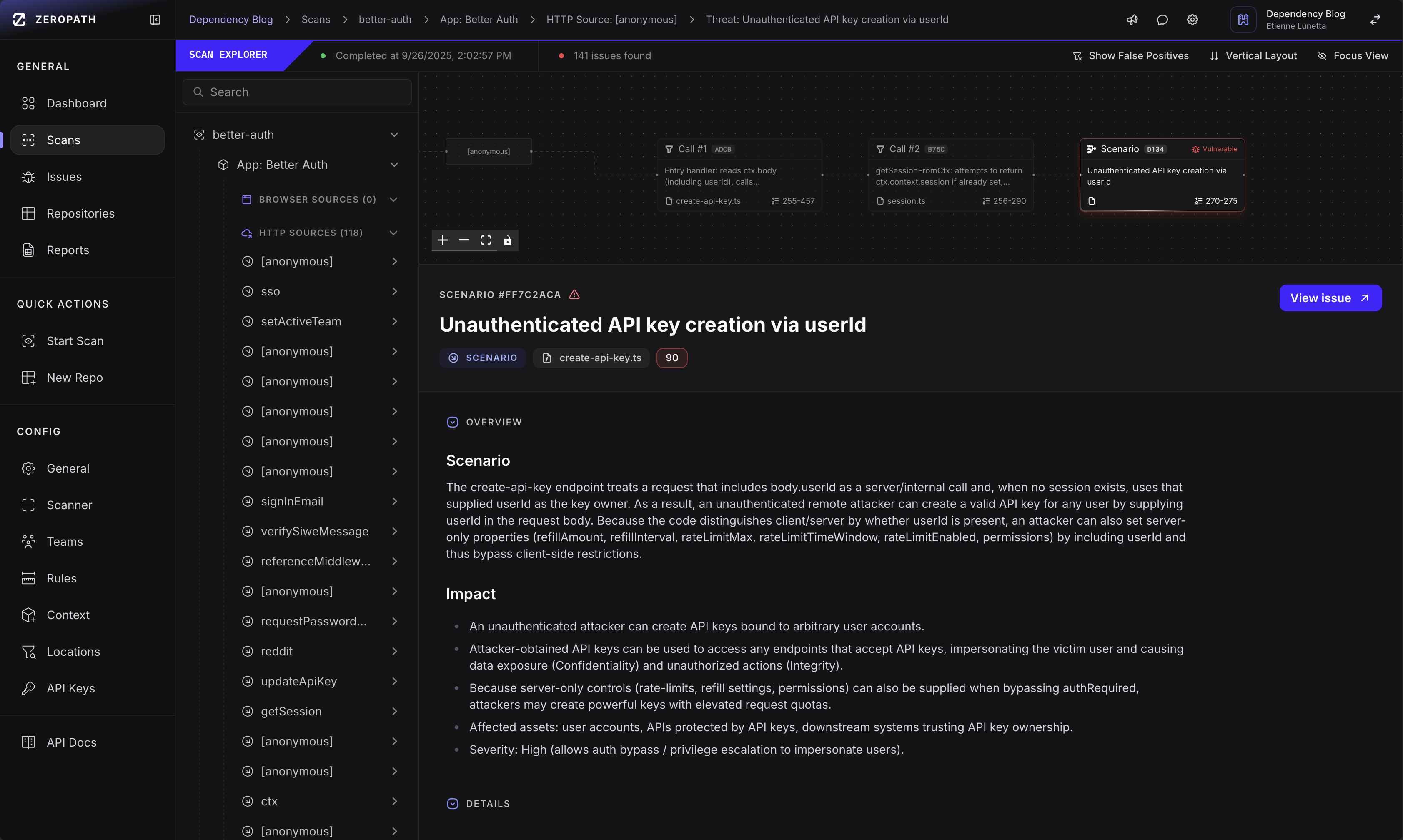 ZeroPath source-to-sink trace linking the unauthenticated request body to the API key creation sink in the dashboard.